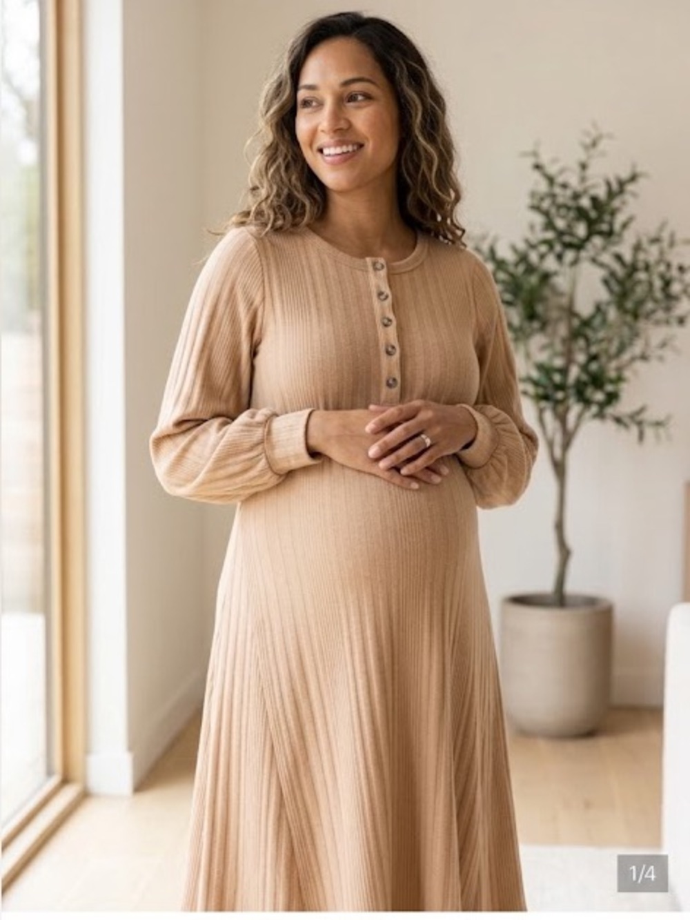 Frances Hart / Maternity Ribbed Knit tan long sleeve midi Dress S